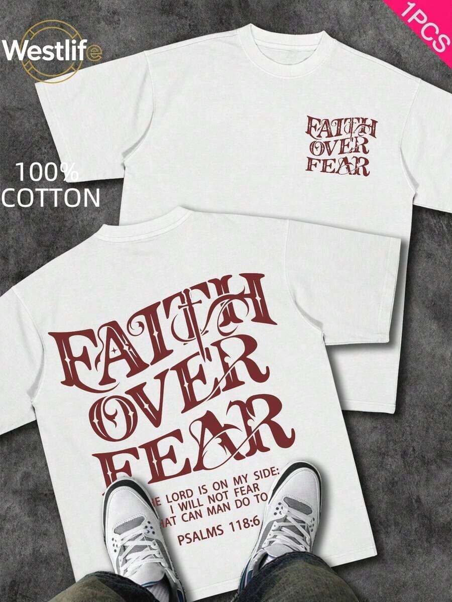 Men's Christian T-Shirt "FAITH OVER FEAR" | Psalm 118:6 Biblical Design | Inspirational Streetwear | 100% Cotton | Unisex Fit | Ideal Gift For Believers - 紅色 - 查看 1