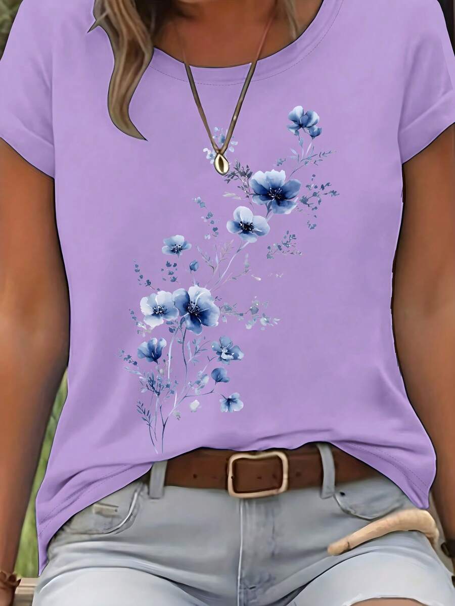 Plus Size Women's Summer Elegant Floral Print Crew Neck Short Sleeve T-Shirt, White With Blue Flowers, Versatile Casual T-Shirt For All Seasons - Purple - View 1