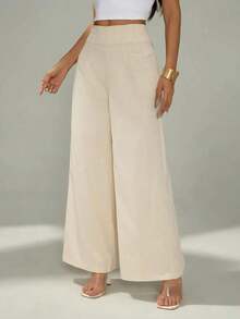 PETITE Pantalones anchos de cintura alta con textura, moda casual sencilla para la temporada de vuelta al colegio, estilo de dinero viejo para ir y venir - Azul marino 2 - Ver 9