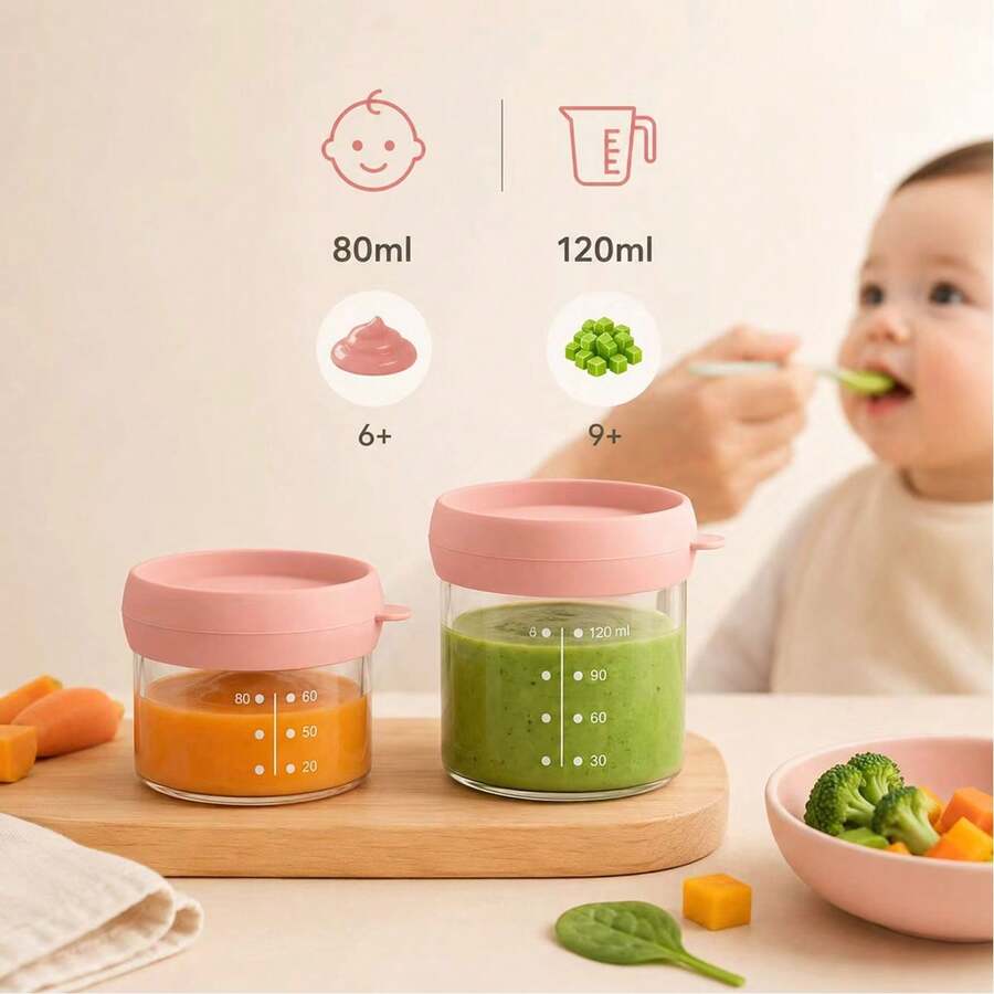 2 piezas Tarros de vidrio para comida de bebé con tapas, recipientes de almacenamiento reutilizables de 80ml y 120ml, aptos para congelador - Rosa - Ver 1