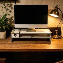 1 peça Suporte para Monitor de Computador de Escritório Muito Atraente, Dupla Camada com Gaveta, Prateleira Organizadora Multifuncional para Secretária, Base Elevatória para Monitor com Arrumação - A - Ver 2