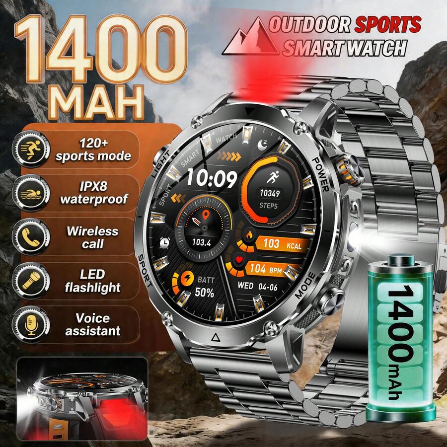 KENPANG 2026 New Men's Outdoor Sports Smart Watch, Built-In 1400mAh Battery, Red & White LED Flashlight, 24/7 Health Monitoring, 120+ Sports Modes, Wireless Call, Message Notifications, Weather, 1.7-Inch HD Screen, IPX8 Waterproof, Fitness Tracker For Men