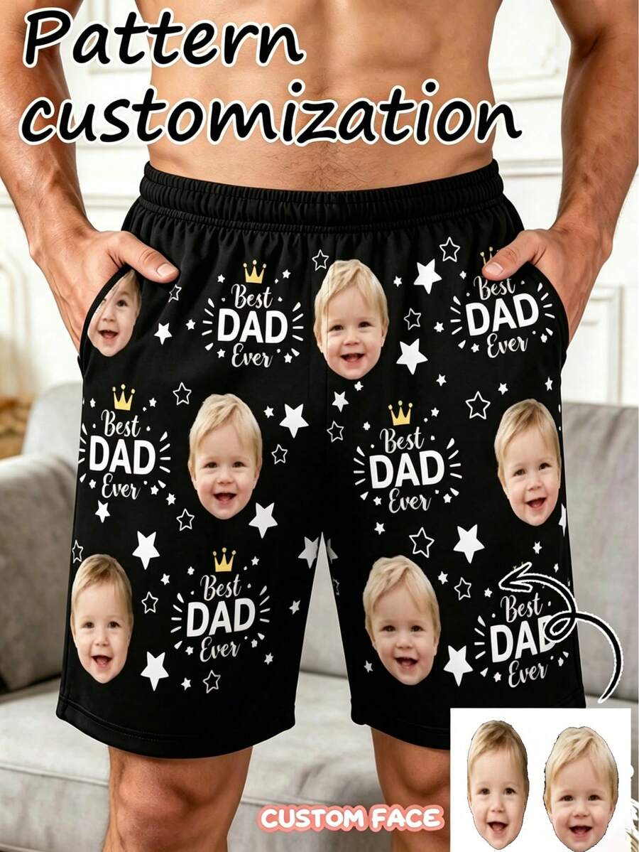 1件男士客製化臉部圖案與「Best Dad Ever」印花黑色休閒短褲,個性化舒適短褲,父親節禮物節日贈禮 - 彩色 - 查看 1