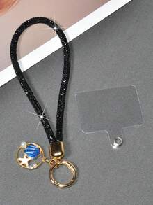 Black Crystal Rhinestone Phone Lanyard Strap, Shiny Durable Anti-Lost Phone Charm, Creative Ocean Starfish Shell Pearl Keychain Pendant - Starfish Shell Pendant With Black Short Cord - View 8