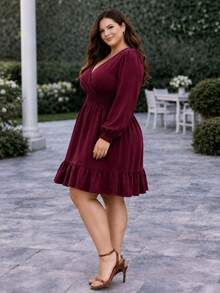 Plus Size Women's Midi Long Sleeve High Elasticity Dress - 紫紅色 - 查看 2