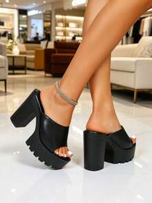 Sandalias de plataforma con tacón súper alto de 11.5cm, tacones de cuña con suela gruesa, sandalias de punta abierta sexy para uso en discoteca para mujeres - Negro - Ver 9