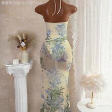 Yunuo Menswear Bonvoyette 2 piezas Nuevo mono de mujer con cuello halter y estampado de posicionamiento, con falda larga de malla, traje de baño elegante y sexy de una sola pieza para fiesta minimalista de resort - Multicolor - Ver 5