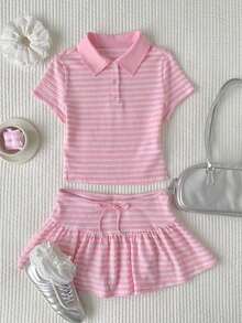 Women's 2-Piece Set Of Striped Short-Sleeved T-Shirt And Casual Summer Mini Skirt - 羅莎 - 查看 5