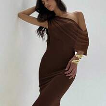 . .  Vestido asimétrico de hombro de unicolor elegante para mujer - Café integral - Ver 8