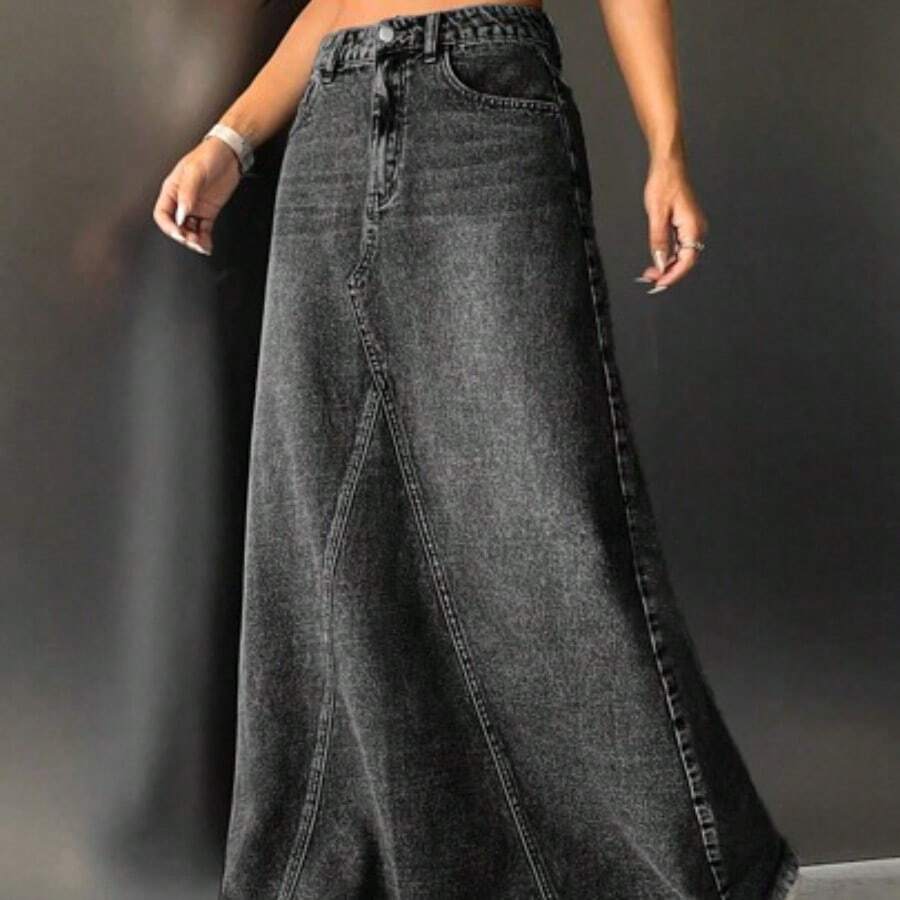 guang zhou mi qian shang mao ICON Falda en mezclilla de talle alto bajo crudo maxi - Negro01 - Ver 1