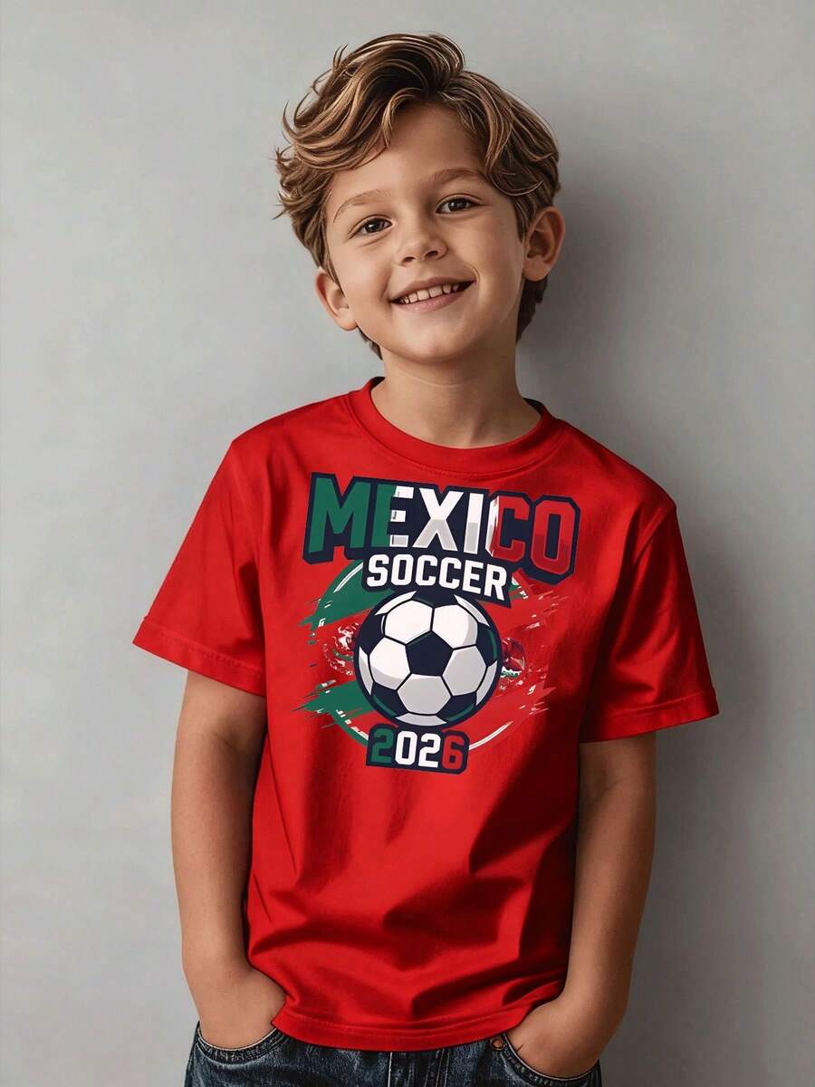 Mexico Football 2026 Graphic Soccer Jersey For Boys, Casual Sportswear, Children's Clothing For Ages 5-13, Everyday Outfit - 灰色 - 查看 1