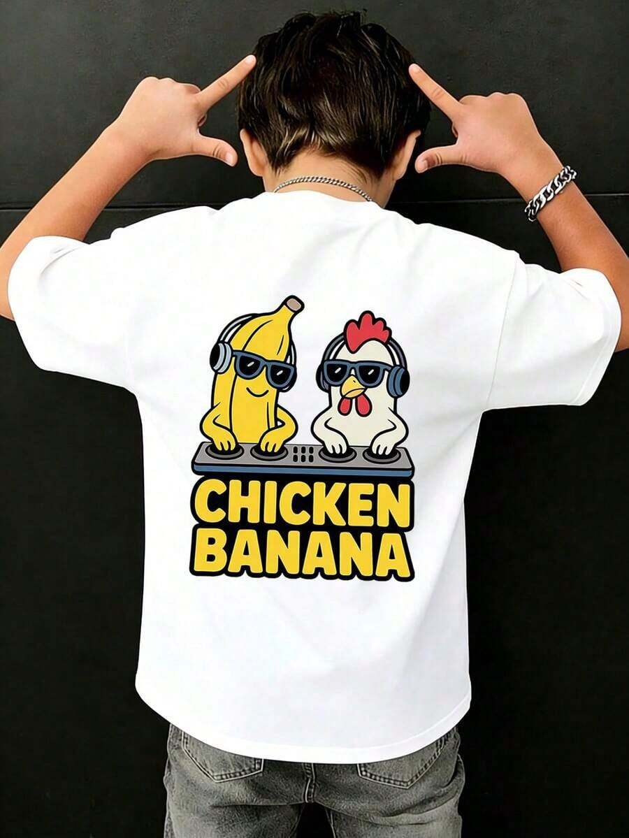 Boys' T-Shirt With Fun Chicken And Banana Print, Soft And Comfortable Fabric, Suitable For Outdoor Sports, Casual Wear, Urban Wear, School Wear, Versatile Fashion T-Shirt For Boys In Spring/Summer. - 白色 - 查看 1