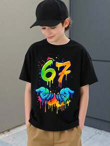 GraphicGems Boys' Basic Short Sleeve T-Shirt, Casual, Elegant, Creative, Personalized, Refreshing, Chic, Minimalist, Cool Style, With Digit 67 Football Graphic Print, Comfortable Clothing For Daily Wear, Cozy Summer And Autumn Styles, Suitable For 7 Year Olds, Graphic Clothing For Boys, Hip Hop Clothing For Boys. - 黃色 - 查看 3