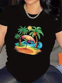 Women's Short-Sleeved T-Shirt, Made Of Polyester Fabric, Lightweight And Durable, With A Tropical Beach Design Featuring Palm Trees And Umbrellas, Suitable For Summer Outings, Casual Daily Wear, Vacations Or Relaxing By The Pool, Comfortable To Wear And Suitable For Everyday Use. - 黑色 - 查看 1
