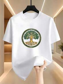 Men's Vintage T-Shirt With Celtic Knot And Tree Of Life Pattern, Casual Short Sleeve Crew Neck T-Shirt, White Urban Style T-Shirt With Nordic Itology, Suitable For Pagan Culture Enthusiasts. Minimalist INS Letter Print / Sports Pattern Collection With Religious Style Lettering / Loose Fit And Soft To The Touch / The Ideal Gift Choice - 白色 - 查看 7