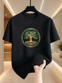 Men's Vintage T-Shirt With Celtic Knot And Tree Of Life Pattern, Casual Short Sleeve Crew Neck T-Shirt, White Urban Style T-Shirt With Nordic Itology, Suitable For Pagan Culture Enthusiasts. Minimalist INS Letter Print / Sports Pattern Collection With Religious Style Lettering / Loose Fit And Soft To The Touch / The Ideal Gift Choice - 黑色 - 查看 7
