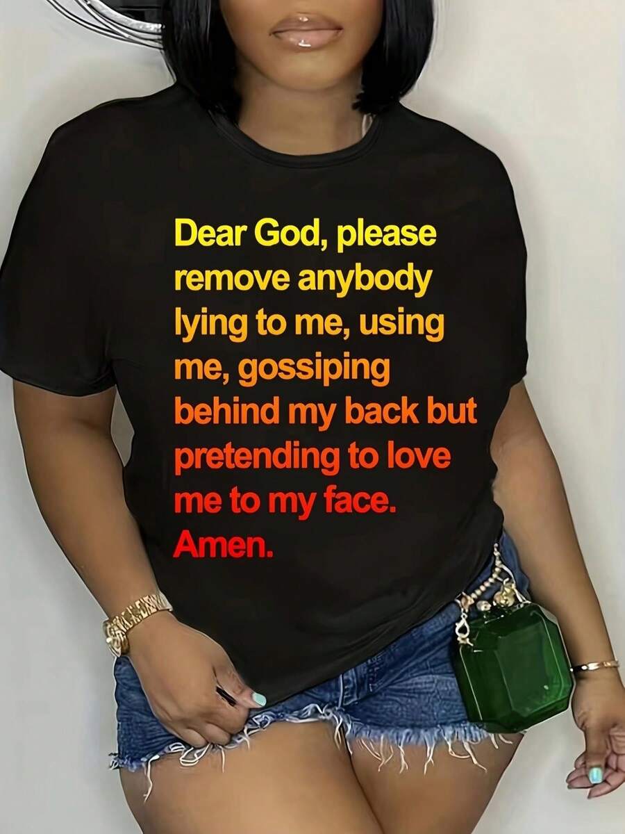 Tallas Grandes - Tallas Grandes - Tallas Grandes, por favor, Dios mío, no dejes que nadie me engañe. Camiseta casual para mujer de talla grande, con llamativo texto amarillo y rojo, adecuada para uso casual, un excelente regalo para amigos y familiares, moda de temporada, diseño vintage, ajuste cómodo. - Negro - Ver 1