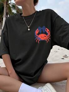 New Women's Double-Sided Print T-Shirt "If You Feel Irritable, Please Go Back To The Beach", Crab Design, Casual Summer Top, Printed T-Shirt For Women, Vacation Clothes For Women, Summer Clothes For Women, Beachwear, Perfect For Beach Trips, Vacations And Everyday Wear. - 黑色 - 查看 3