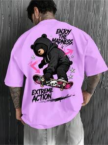1 pieza de camiseta de hombre 100% algodón puro, estilo urbano, con estampado de oso, grafiti y letras, vibrante y juvenil, una prenda esencial para los chicos amantes del skateboarding. - Blanco - Ver 11