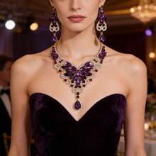 Ensemble de bijoux de luxe et élégant pour femmes, incrusté de pierres précieuses artificielles, convenant pour les mariées, les mariages, les banquets et les fêtes - ensemble de bijoux - Voir 14