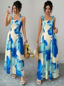 MEXGlowEve Vestido casual de mujer sin mangas con estampado floral, diseño de cintura ceñida y línea A, estilo romántico adecuado para vacaciones, paseos por el jardín, té de la tarde y otras ocasiones casualesMEX K5LW - lago azul - Ver 4