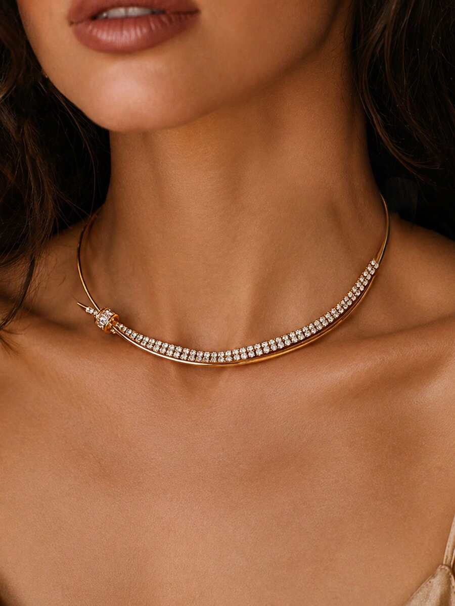 1 chiếc vòng cổ cổ mở thanh lịch, mạ vàng với một viên pha lê lấp lánh, phù hợp đeo hàng ngày, hẹn hò, trang phục công sở - XL1957 Vàng - Xem 1