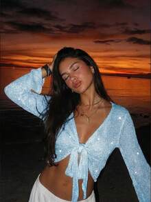 Women's Casual Cute Y2K Style Sequin Shiny Knit Cardigan Top, Beach Cover Up, Suitable For Spring/Summer Vacation, Country Music Festival, Nightlife, Festival Style - Baby Blue - View 3