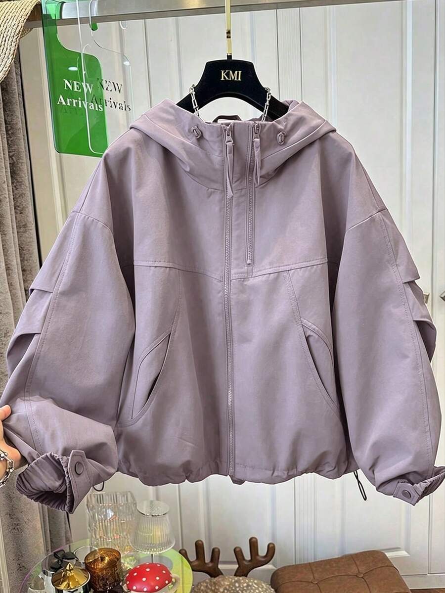 Spring & Autumn Loose Hooded Windbreaker Jacket For Women, Fashionable Versatile Short Bomber Jacket With Slimming Design - Light Purple - View 1