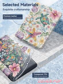 Sea Turtle & Floral Pattern Tablet Protective Case Suitable For IPad Air 8 (M4) 2026 (11 Inch) / 2026 (13 Inch), 9.7/10.2/10.5/10.9/12.9/Pro 11/A16, 10th Gen, Kindle Paperwhite 12th Gen 2024, Kindle (11th Gen-2024 Release), Soft Shock-Proof, Smart Sleep/Wake Function, Y-Fold Multi-Angle Tablet Case - Multicolor - View 10