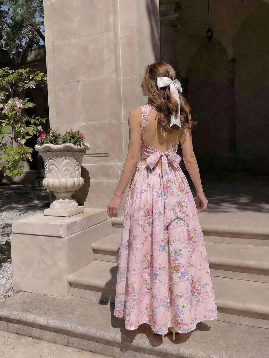 MOD Vestido con estampado floral romántico, espalda abierta y lazo - Multicolor - Ver 1