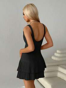 Vestido corto sin mangas de cuello redondo con pliegues de unicolor para mujer - Negro - Ver 11