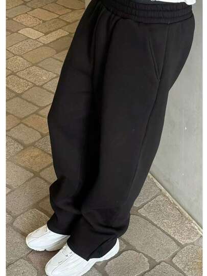 Calça Moletom Baggy Preta DMUNIZ Wide Leg Streetwear Casual Inverno
