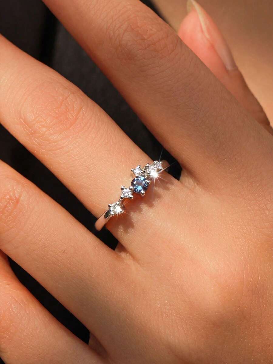 1pc S925 Sterling Silver Sweet Minimalist Starry Sky Women's Ring, Gentle Ins Luxury High-End Daily Date Commute Gift, Niche Personalized Versatile Ring For Party Gathering Exquisite Matching - Drill - View 1