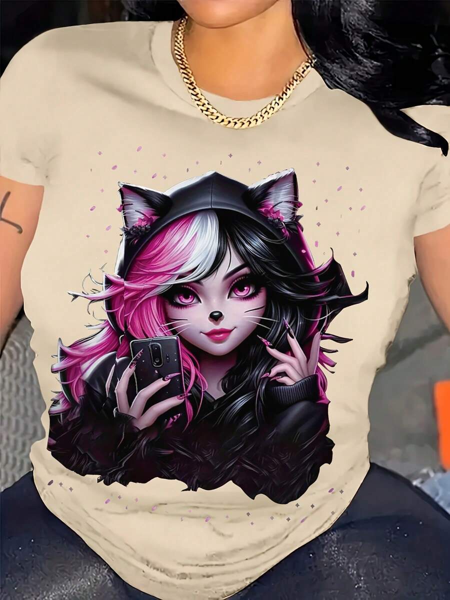 Women's T-Shirt With Anime Cat Ears Print - Short Sleeve, Round Neck, Japanese Sleeve Print, Soft And Stretchy, For Summer And Spring, Ideal For Conventions, Theme Events And Casual Wear - Grey - View 1