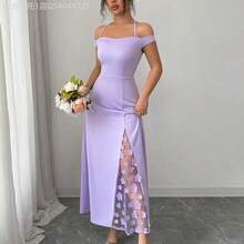 MewMuse. Vestido elegante de mujer con hombros descubiertos, silueta ajustada con paneles laterales con ribete de encaje y abertura hasta el muslo, adecuado para fiestas de noche, citas, eventos sociales ligeros y salidas casuales - Morado - Ver 5