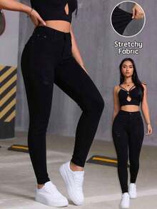 Jeans skinny de mezclilla azul oscuro con bolsillos múltiples efecto levantador de glúteos elásticos - Negro - Ver 12