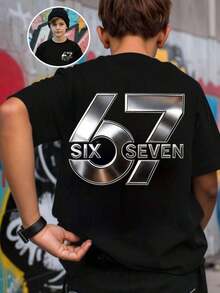 Basic Short-Sleeved T-Shirt For Pre-Teen Boys, Featuring A Cartoon-Style Slogan Graphic Print With The Number 67, In A Minimalist And Refreshing Style, Suitable For Casual Spring, Summer And Autumn Outfits - 黑與白 - 查看 1