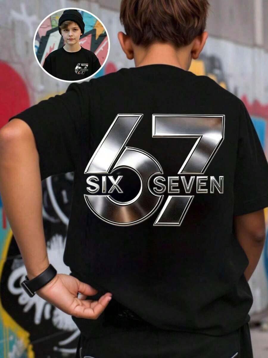 Basic Short-Sleeved T-Shirt For Pre-Teen Boys, Featuring A Cartoon-Style Slogan Graphic Print With The Number 67, In A Minimalist And Refreshing Style, Suitable For Casual Spring, Summer And Autumn Outfits - 黑與白 - 查看 1