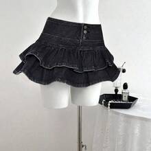 guang zhou mi qian shang mao  Minifalda de mezclilla con volantes en el bajo de unicolor para mujer - Negro01 - Ver 8