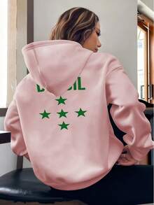 Brazil Kangaroo Hoodie With Five Green Stars And "Brasil" Letters, Women's Winter Clothing, Polyester Fabric, Sizes S-XL, Lined And Thickened, Machine Washable, New Release For The World Cup And Elections, Cheapest - 藕色 - 查看 2