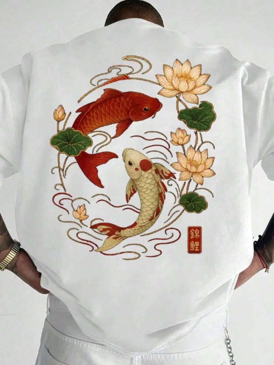 Men's Auspicious Chinese Koi Lotus Print T-Shirt: Soft And Breathable Fabric, Crew Neck, Short Sleeves, Casual Style, Suitable For Outdoor Activities And Parties, Machine Washable, Chinese Style, Soft Texture, Ideal For Urban And Streetwear Enthusiasts. Men's Graphic Tee, Comfortable Fit. - 白色 - 查看 1