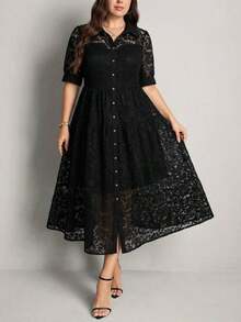Comfylo Vestido camisero de manga abullonada con rayas y malla para mujer de talla grande - Negro - Ver 4