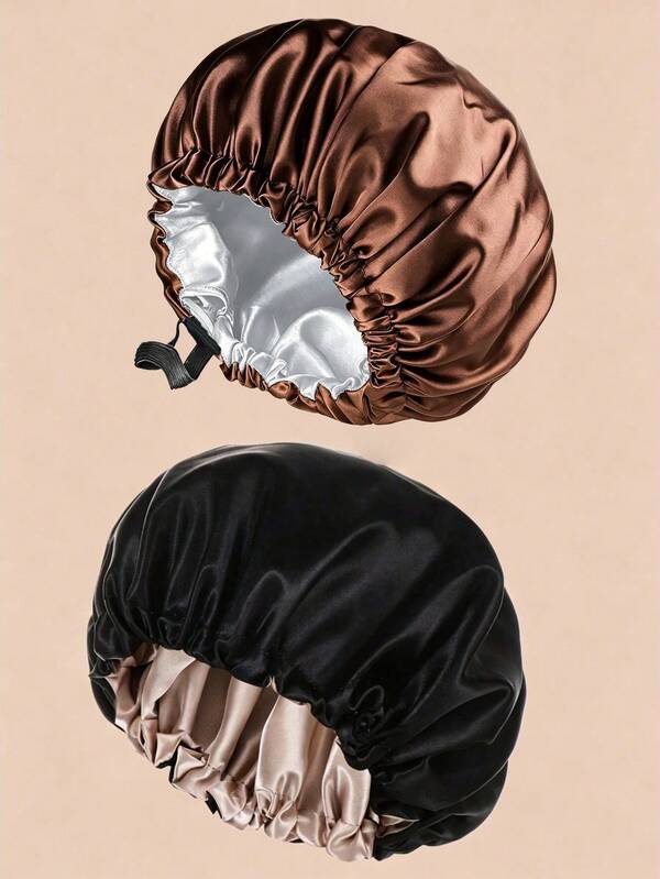 CONFLASS 2pcs Reversible Satin Sleeping Cap For Women, Adjustable Drawstring Night Cap, Silky Satin Nightcap For Daily & Nighttime Use, 2 Color Combo