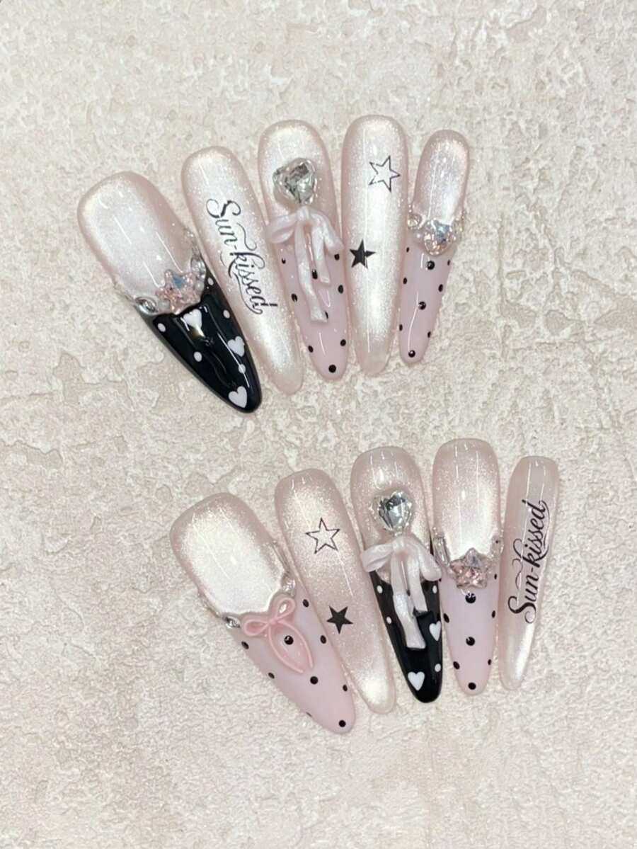10pcs Handmade Long Stiletto Nails Y2K Sweet Style Black Fan Gradient Heart Polka Dot French Manicure, With 3D Bow, Suitable For Dates, Parties And Concerts, Reusable Handmade Press-On Nail Set, Includes Jelly Glue, 1pc Nail Tip And 1 Mini Nail File - Baby Pink - View 1
