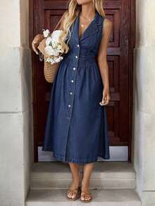 Mature Denim Vestido vaquero estilo casual sin mangas hasta la rodilla, vestido azul para mujer para la Pascua, conjunto de verano, vestido para graduación, vestido de invitada de boda, vestido bohemio para la Pascua, vestido de graduación para mujer, ropa de verano para mujer, vestido informal/formal, vestido bohemio de vacaciones, atuendo de concierto para mujer, ropa de mujer bohemia, atuendo de festival, atuendo de concierto country, atuendo modesto para maestra, mono para mujer, conjunto de primavera para mujer - Azul lavado oscuro - Ver 3
