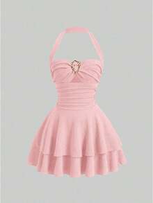 fsvsSweetra Nuevo diseño de primavera/verano con estilo elegante y retro, sexy y delgado, con escote halter, elegante y versátil, cómodo vestido casual marrón para mujeressdvs KFJQ - Rosa - Ver 1