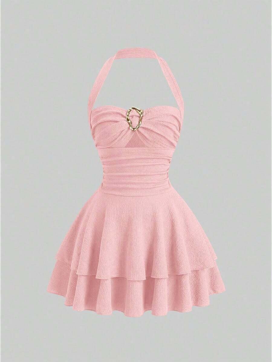 fsvsSweetra Nuevo diseño de primavera/verano con estilo elegante y retro, sexy y delgado, con escote halter, elegante y versátil, cómodo vestido casual marrón para mujeressdvs KFJQ - Rosa - Ver 1