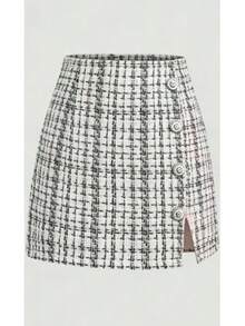 Falda a cuadros  de  para comercio transfronterizo, falda corta, falda de corte en A, falda de cintura alta y efecto adelgazante para mujer, nueva colección otoño-invierno 2025. - Blanco - Ver 3