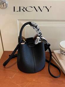 Women's Bucket Bag, Fashion Versatile Elegant Solid Color Striped Black Handbag With Scarf, Suitable For Shopping And Commuting, Small Pouch Included - Black - View 5