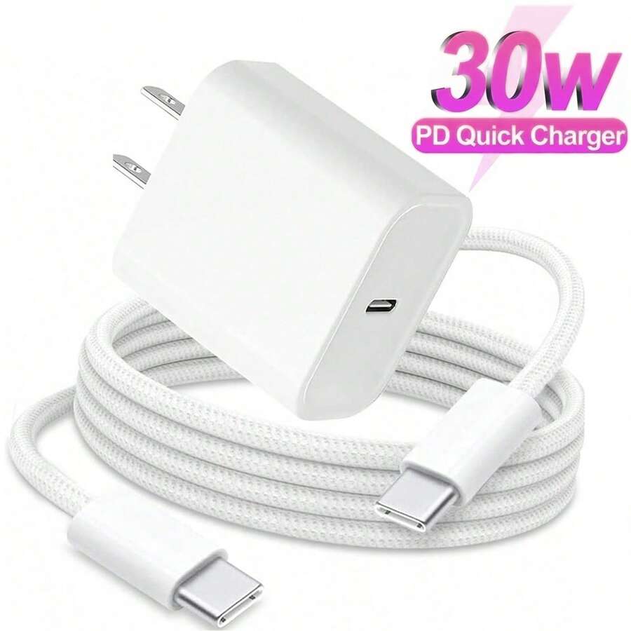 30W USB-C Wall Charger + 3.3ft/100cm USB-C To USB-C Nylon Braided Fast Charging Cable Set, Compatible With IPhone 17 Pro Max/17 Pro/17/16 Pro Max/16 Pro/16 Plus/16/15 Pro Max/15 Pro/15 Plus/15, , - US A Type Plug(110-127V) - View 1